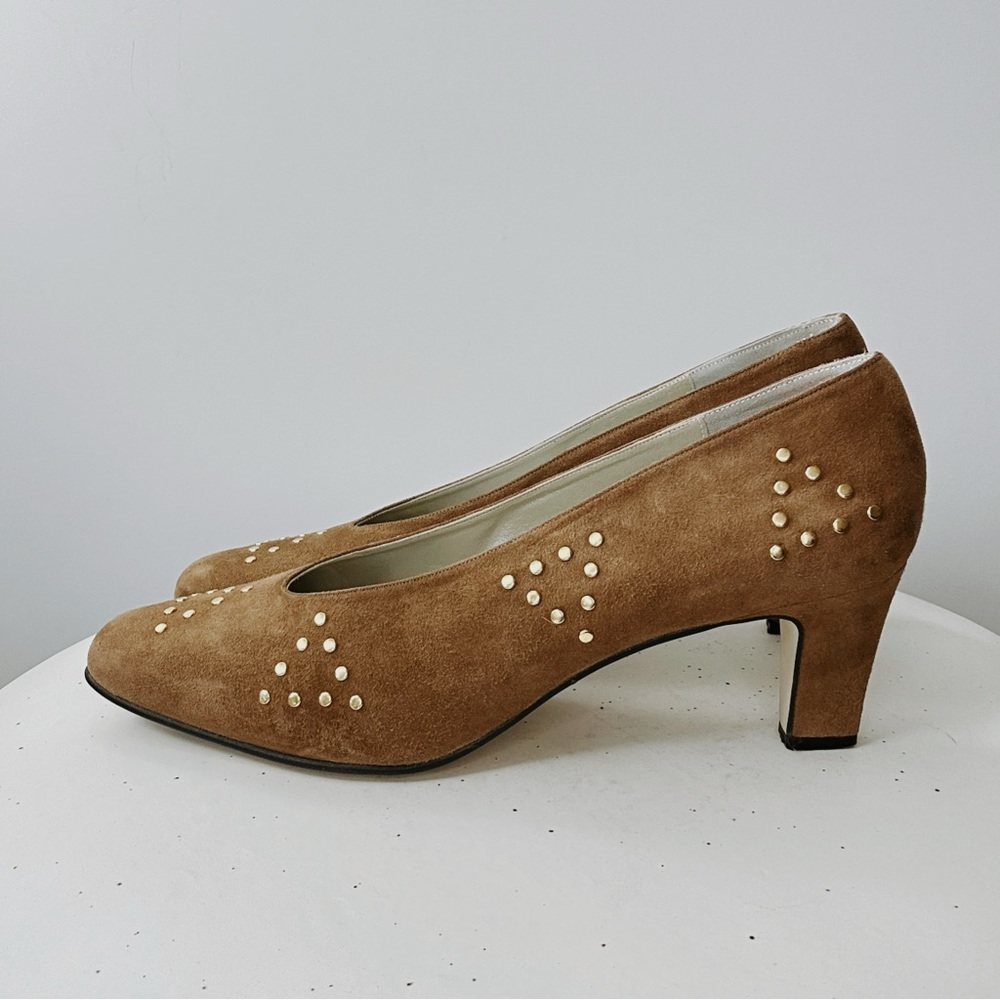 Vintage Brass Studded Tan Suede Pumps